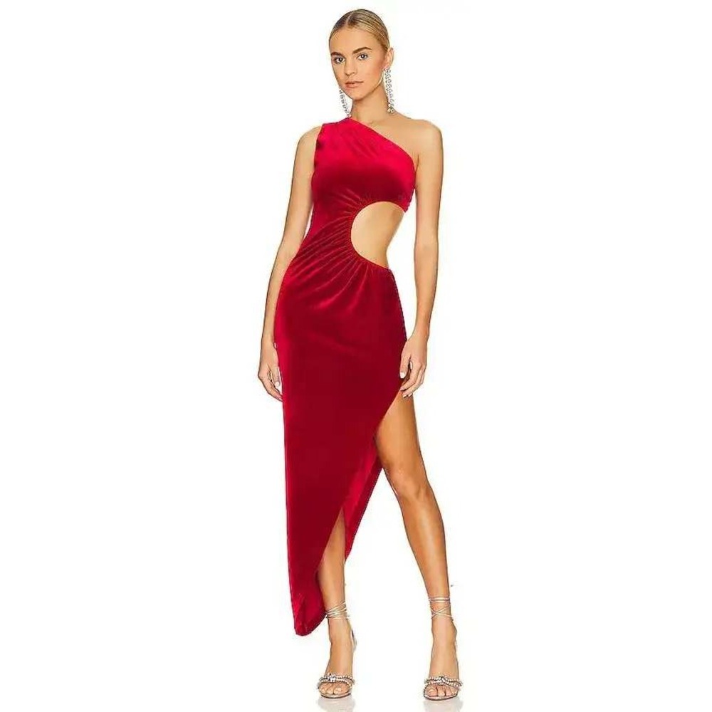 Norma Kamali One Shoulder Sunburst Gown Tango Red Velvet Cutout High Slit L40